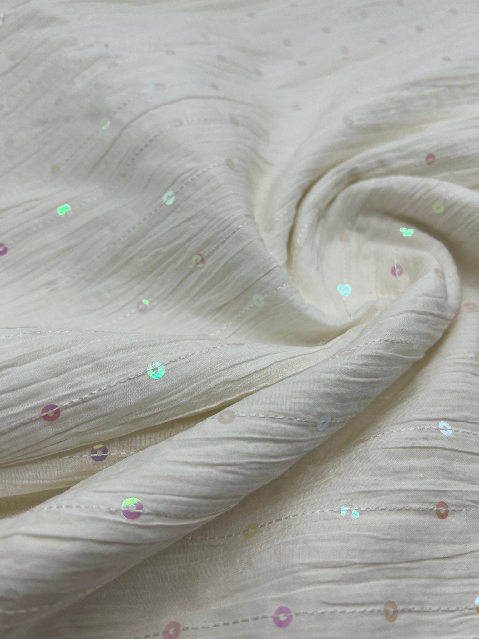 Ivory Sequin Crinkled Lightweight Non Stretch Woven Fabric - T9 Fabrics